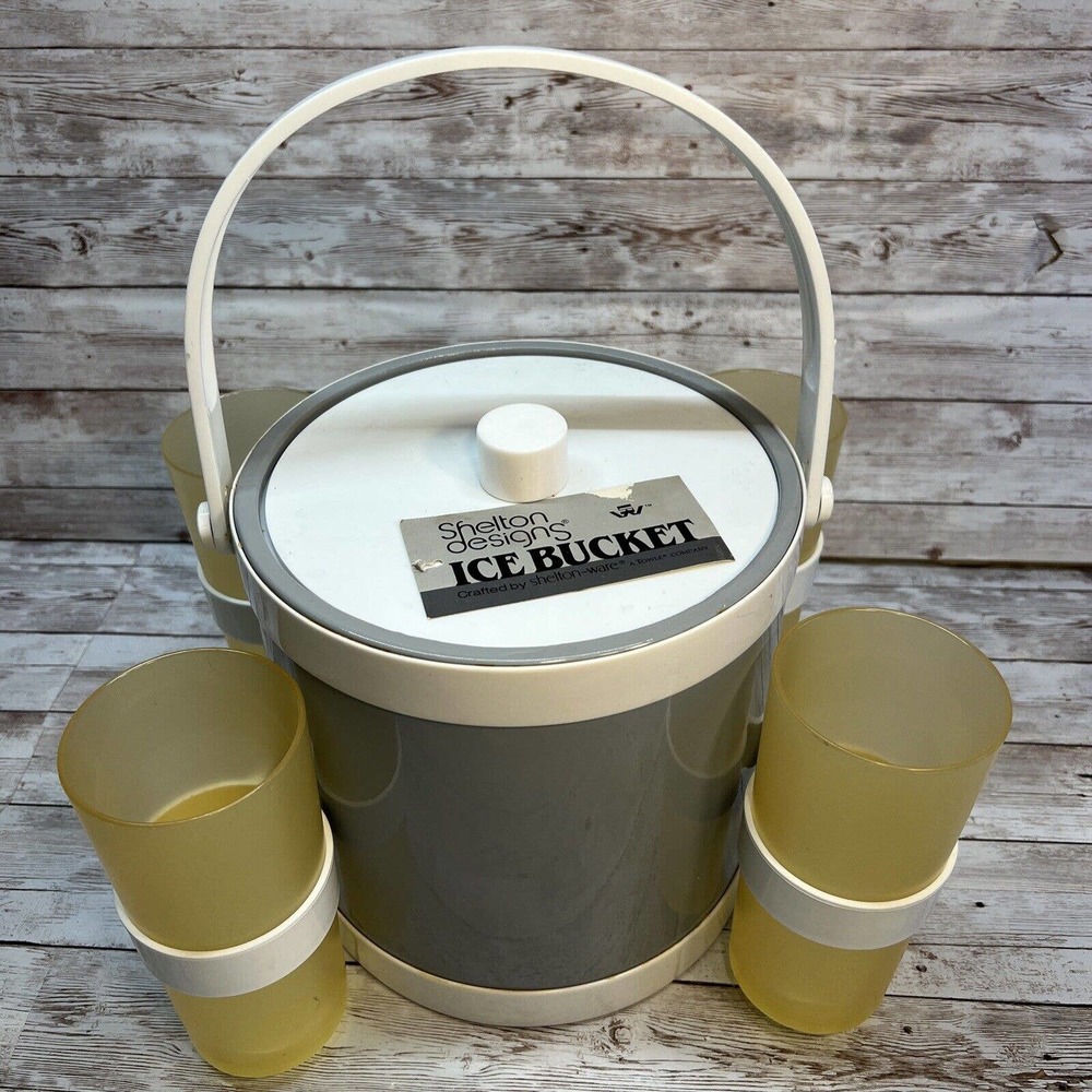 Shelton Ware Ice Bucket with Attached Cup Holders Gray White Durlane cup VINTAGE